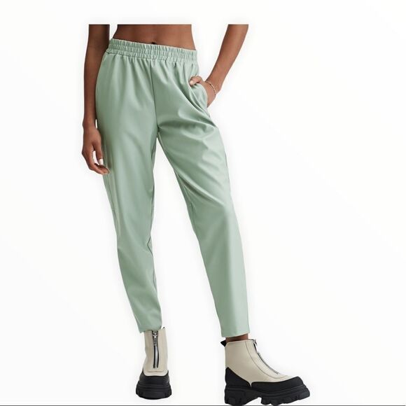 NWT Fabletics High-Waisted Dusty Garden Green Vegan Leather Elastic Waist Pant S - Picture 1 of 15
